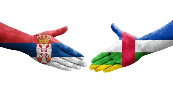Händedruck Zwischen Der Zentralafrikanischen Republik Und Serbien Flaggen Auf Hände — Stockfoto