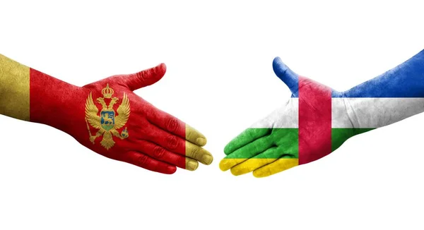 Stretta Mano Tra Repubblica Centrafricana Montenegro Bandiere Dipinte Mani Immagine — Foto Stock