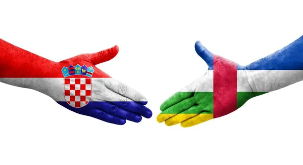 Handslag Mellan Centralafrikanska Republiken Och Kroatien Flaggor Målade Händer Isolerad — Stockfoto