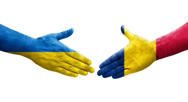 Handslag Mellan Tchad Och Ukraina Flaggor Målade Händer Isolerad Transparent — Stockfoto