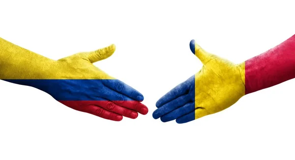 Handdruk Tussen Tsjaad Colombia Vlaggen Geschilderd Handen Geïsoleerd Transparant Beeld — Stockfoto