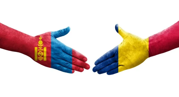 Handslag Mellan Tchad Och Mongoliet Flaggor Målade Händer Isolerad Transparent — Stockfoto
