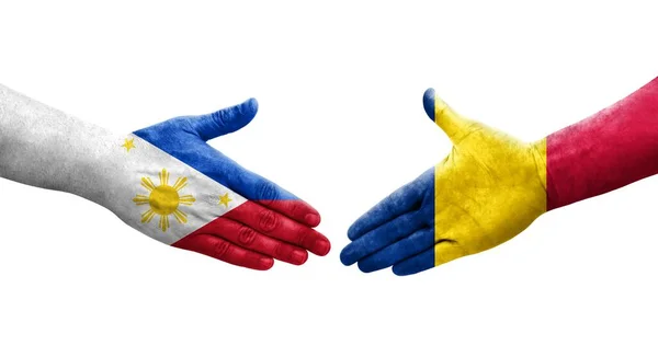 Uścisk Dłoni Między Czadem Filipinami Flagi Malowane Rękach Odizolowany Przezroczysty — Zdjęcie stockowe