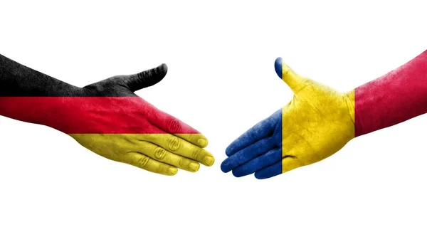 Apretón Manos Entre Banderas Chad Alemania Pintadas Las Manos Imagen — Foto de Stock