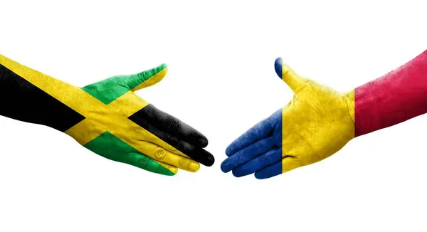 Apretón Manos Entre Banderas Chad Jamaica Pintadas Las Manos Imagen —  Fotos de Stock