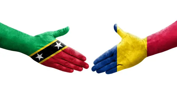 Aperto Mão Entre Chade São Cristóvão Nevis Bandeiras Pintadas Mãos — Fotografia de Stock