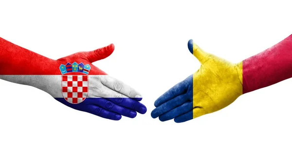 Handslag Mellan Tchad Och Kroatien Flaggor Målade Händer Isolerad Transparent — Stockfoto