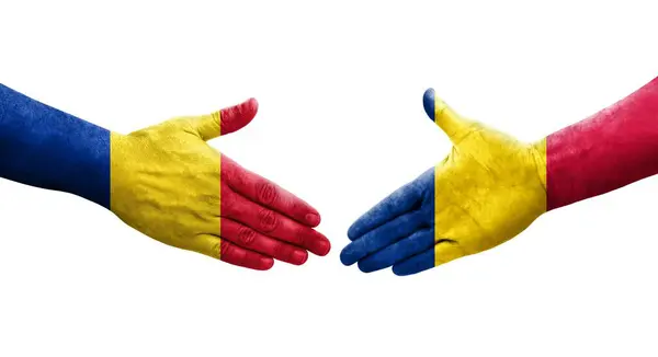 Aperto Mão Entre Chade Roménia Bandeiras Pintadas Mãos Imagem Transparente — Fotografia de Stock