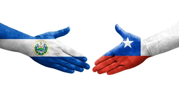 チリとエルサルバドルの旗の間の握手手で描かれ 孤立した透明な画像 — ストック写真