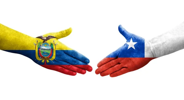 Χειραψία Μεταξύ Χιλής Και Εκουαδόρ Σημαίες Ζωγραφισμένα Στα Χέρια Απομονωμένη — Φωτογραφία Αρχείου