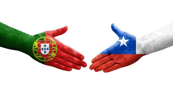 Mano Apretada Entre Banderas Chile Portugal Pintadas Las Manos Imagen — Foto de Stock