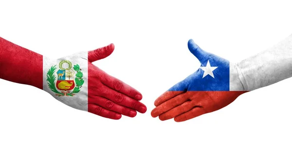 Händedruck Zwischen Chile Und Peru Flaggen Auf Hände Gemalt Isoliertes — Stockfoto