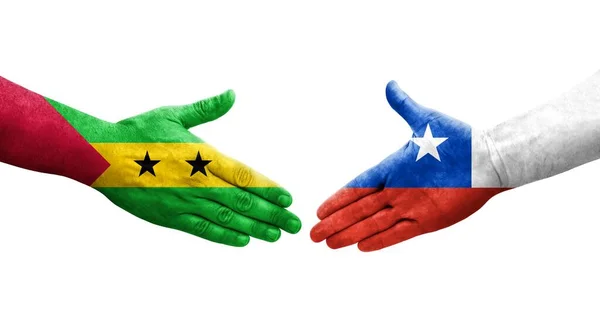 Händedruck Zwischen Chile Und Sao Tomé Und Principe Fahnen Auf — Stockfoto