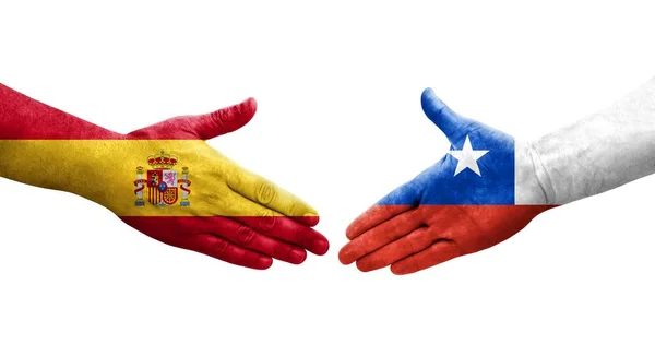 智利和西班牙之间握手 手绘国旗 孤立透明的图像 — 图库照片