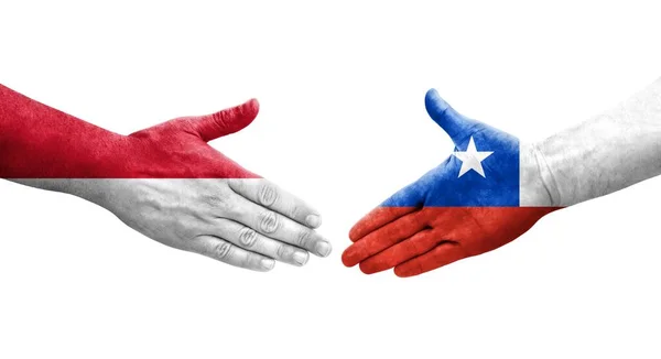 Händedruck Zwischen Chile Und Monaco Flaggen Auf Händen Gemalt Isoliertes — Stockfoto