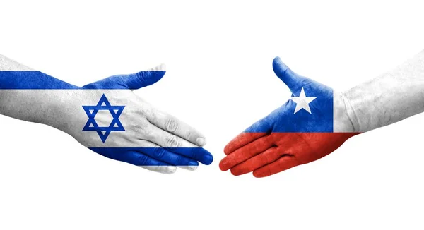 Uścisk Dłoni Między Chile Izraelem Flagi Malowane Rękach Odizolowany Przezroczysty — Zdjęcie stockowe