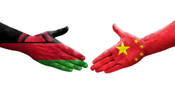 Aperto Mão Entre China Bandeiras Malawi Pintadas Mãos Imagem Transparente — Fotografia de Stock