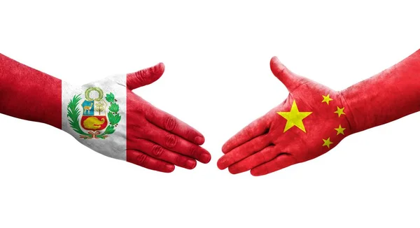 Apretón Manos Entre China Perú Banderas Pintadas Las Manos Imagen — Foto de Stock