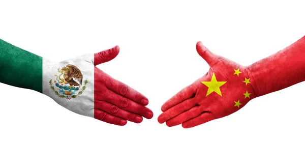 Apretón Manos Entre China México Banderas Pintadas Las Manos Imagen — Foto de Stock