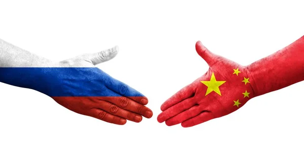 Рукостискання Між Китайськими Російськими Прапорами Намальоване Руках Ізольоване Прозоре Зображення — стокове фото