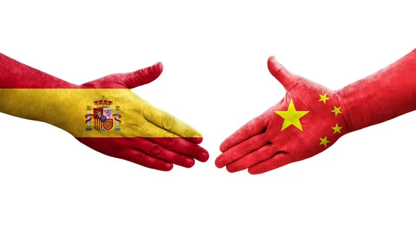 Kézfogás Kína Spanyolország Között Kézre Festett Zászlók Elszigetelt Átlátszó Kép — Stock Fotó