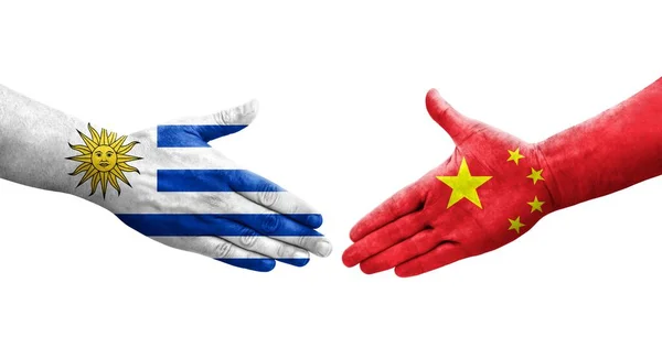 Aperto Mão Entre China Uruguai Bandeiras Pintadas Mãos Imagem Transparente — Fotografia de Stock