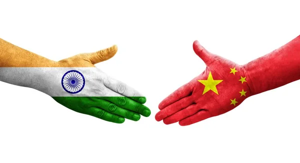 Poignée Main Entre Chine Inde Drapeaux Peints Sur Les Mains — Photo