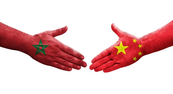 Apretón Manos Entre China Marruecos Banderas Pintadas Las Manos Imagen — Foto de Stock