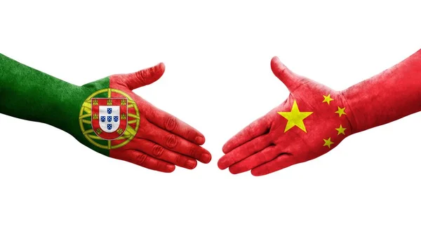 Aperto Mão Entre China Portugal Bandeiras Pintadas Mãos Imagem Transparente — Fotografia de Stock