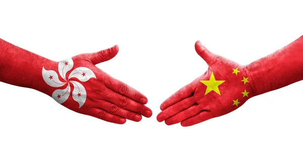 Aperto Mão Entre China Hong Kong Bandeiras Pintadas Mãos Imagem — Fotografia de Stock