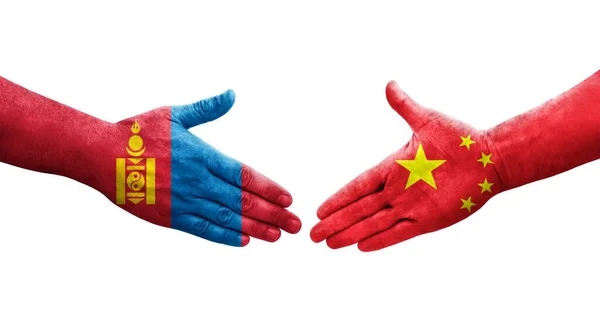 Рукопожатие Между Китаем Монголией Нарисованные Руках Флаги Изолированное Прозрачное Изображение — стоковое фото