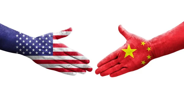 中美双方握手时 手绘国旗 画面孤立透明 — 图库照片