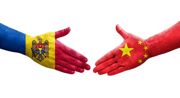 Рукостискання Між Прапорами Китаю Молдови Намальовані Руках Ізольоване Прозоре Зображення — стокове фото