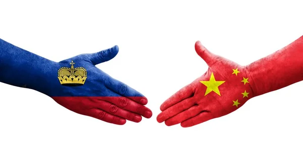 Handshake Entre China Liechtenstein Bandeiras Pintadas Mãos Imagem Transparente Isolada — Fotografia de Stock