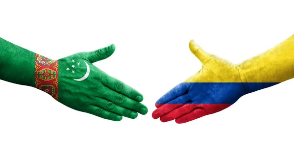 哥伦比亚和土库曼斯坦之间握手 手绘国旗 孤立透明的图像 — 图库照片