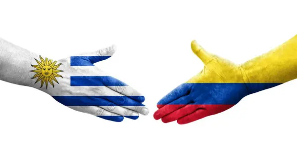 Handshake Colombia Uruguay Flags Painted Hands Isolated Transparent Image — Stock Photo, Image