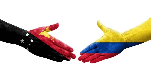Aperto Mão Entre Colômbia Papua Nova Guiné Bandeiras Pintadas Mãos — Fotografia de Stock