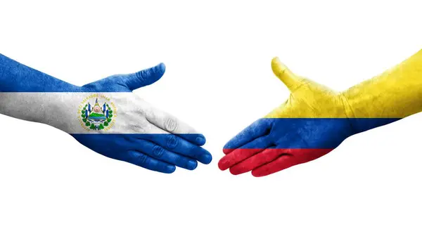 Χειραψία Μεταξύ Κολομβίας Και Σαλβαδόρ Σημαίες Ζωγραφισμένα Στα Χέρια Απομονωμένη — Φωτογραφία Αρχείου
