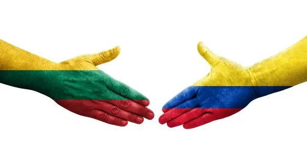 哥伦比亚和立陶宛之间握手 手绘国旗 孤立透明的图像 — 图库照片