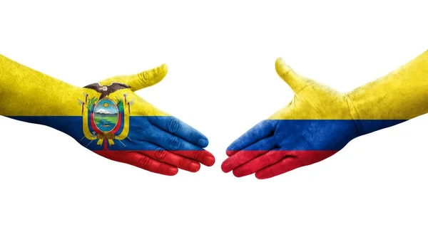 Handslag Mellan Colombia Och Ecuador Flaggor Målade Händer Isolerad Transparent — Stockfoto