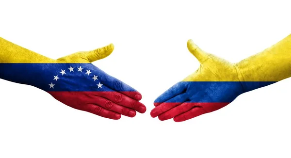 哥伦比亚和委内瑞拉之间握手 手绘国旗 孤立透明的图像 — 图库照片