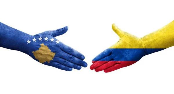 Aperto Mão Entre Colômbia Bandeiras Kosovo Pintadas Mãos Imagem Transparente — Fotografia de Stock