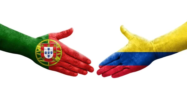 Potřesení Rukou Mezi Kolumbijskou Portugalskou Vlajkou Namalovanou Rukou Izolovaný Průhledný — Stock fotografie