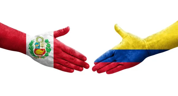 Handdruk Tussen Colombia Peru Vlaggen Geschilderd Handen Geïsoleerde Transparante Afbeelding — Stockfoto