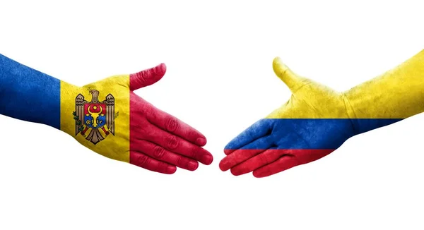 Χειραψία Μεταξύ Κολομβίας Και Μολδαβίας Σημαίες Ζωγραφισμένα Στα Χέρια Απομονωμένη — Φωτογραφία Αρχείου