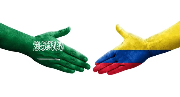 Händedruck Zwischen Kolumbianischen Und Saudi Arabischen Flaggen Auf Hände Gemalt — Stockfoto
