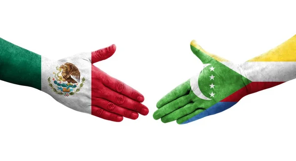 Uścisk Dłoni Pomiędzy Flagami Komorów Meksyku Namalowanymi Dłoniach Odizolowany Przezroczysty — Zdjęcie stockowe