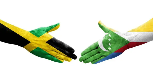 Рукопожатие Между Флагами Коморских Островов Ямайки Нарисованное Руках Изолированное Прозрачное — стоковое фото