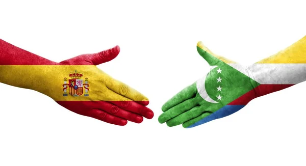 코모로 스페인 국기가 손으로 손으로 흔드는 고립된 이미지 — 스톡 사진