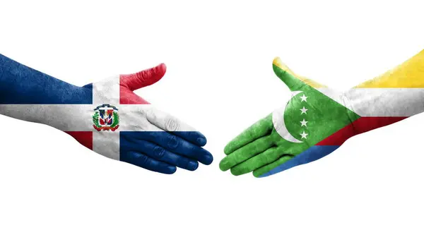 Χειραψία Μεταξύ Κομορών Και Δομινικανής Δημοκρατίας Σημαίες Ζωγραφισμένα Στα Χέρια — Φωτογραφία Αρχείου